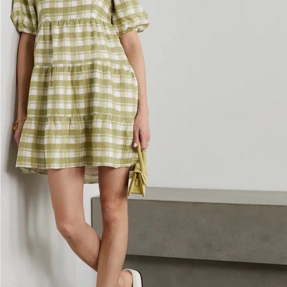 Faithfull the Brand Leilani Shirred Checked Linen Mini Dress, Sage Green, SM - Picture 2 of 7